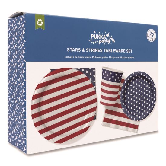 Stars and Stripes Tableware Pack, 16 Cups,16 Dessert Plates,16 Dinner Plates, 24 Paper Napkins, Blue/Red/White, 72 Pieces/Kit1