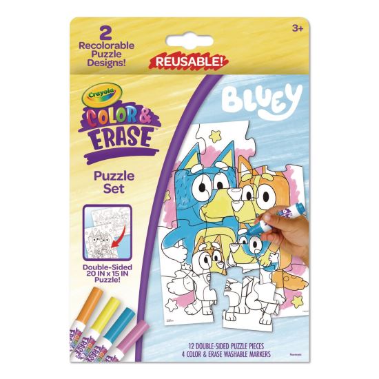 Bluey Color and Erase Reusable Puzzle Set, (12) Double Sided Bluey Puzzle Pieces and (4) Washable Markers1