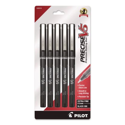 Precise V5 Rollerball Pen, Stick, Extra-Fine 0.5 mm, Black Ink, Black/Clear Barrel, 5/Pack1