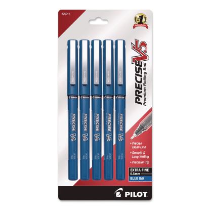 Precise V5 Rollerball Pen, Stick, Extra-Fine 0.5 mm, Blue Ink, Blue/Clear Barrel, 5/Pack1