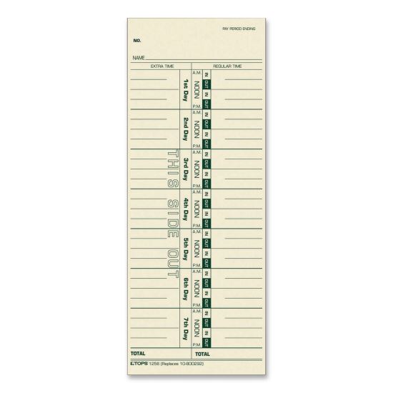 Time Clock Cards, Replacement for 30/1912R/10-800292, One Side, 3.5 x 9, 100/Pack1