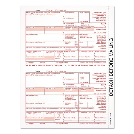 2023 1099-R Tax Form, 1 Part, Federal Copy, 2 Forms/Sheet, 50 Forms Total1