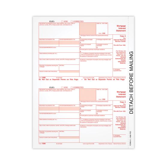 1098 Mortgage Interest Tax Form, Fiscal Year: 2021, One-Part (No Copies), 8 x 5.5, 2 Forms/Sheet, 50 Forms Total1