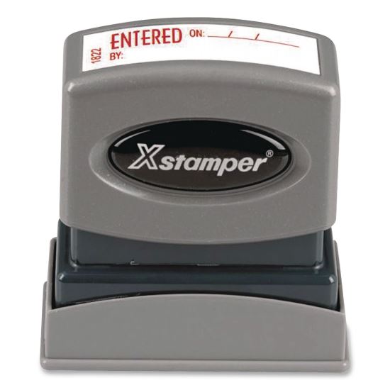 Pre-Inked One-Color Stock Stamp, ENTERED ON/BY, 1.62 x 0.5, Red Ink1
