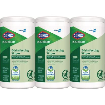 CloroxPro EcoClean Disinfecting Wipes, 1-Ply, 7 x 8, Unscented, White, 3/Carton1
