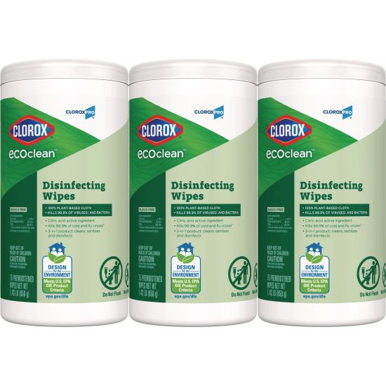 CloroxPro EcoClean Disinfecting Wipes, 1-Ply, 7 x 8, Unscented, White, 3/Carton1