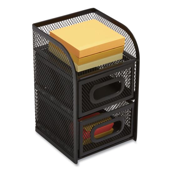 Three Compartment Wire Mesh Accessory Holder, 2 Drawers, 4.56 x 4.72 x 7.2, Black1
