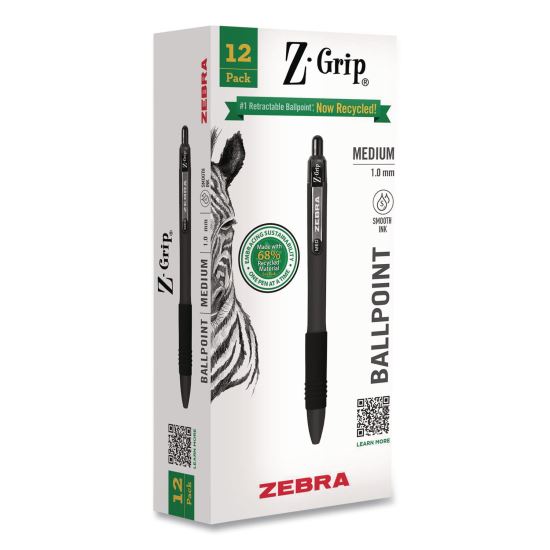 Z-Grip Recycled Retractable Ballpoint Pen, Medium 1 mm, Black Ink, Black Barrel, Dozen1