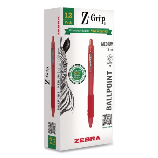 Z-Grip Recycled Retractable Ballpoint Pen, Medium 1 mm, Red Ink, Red Barrel, Dozen1