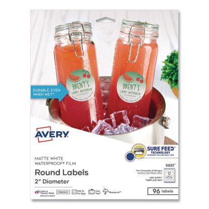 Waterproof Round Labels with Sure Feed Technology, Laser/Pigment-Based Inkjet, 2" dia, Matte White, 12/Sheet, 8 Sheets/Pack1