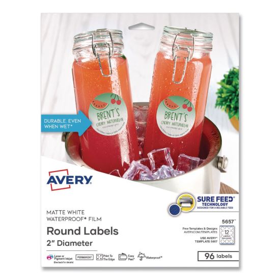 Waterproof Round Labels with Sure Feed Technology, Laser/Pigment-Based Inkjet, 2" dia, Matte White, 12/Sheet, 8 Sheets/Pack1