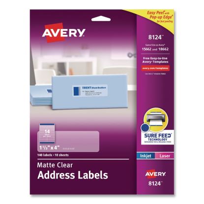 Matte Clear Address Labels with Sure Feed Technology, Inkjet/Laser, 1.33 x 4, 14/Sheet, 10 Sheets/Pack1