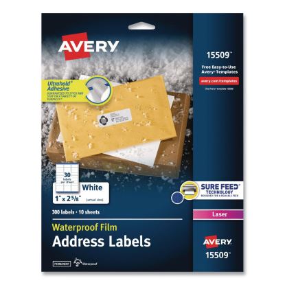 Waterproof Film Address Labels with Sure Feed Technology. Laser, 1 x 2.63, White, 30/Sheet, 10 Sheets/Pack1