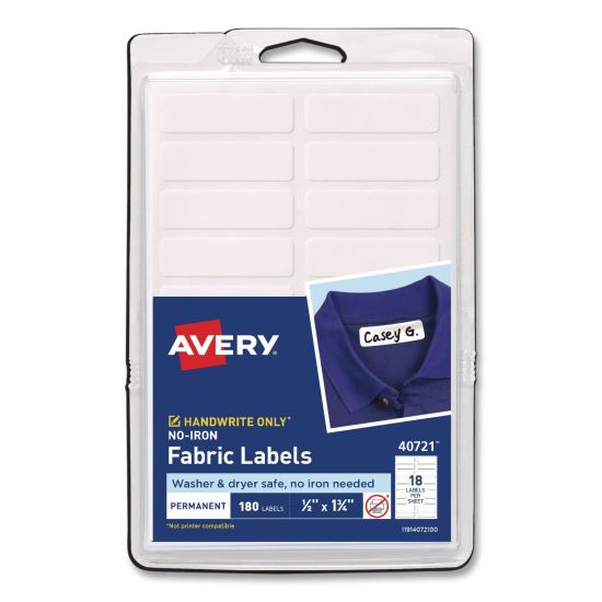 No-Iron Fabric Labels, Handwrite Only, 0.5 x 1.75, White, 18/Sheet, 10 Sheets/Pack1