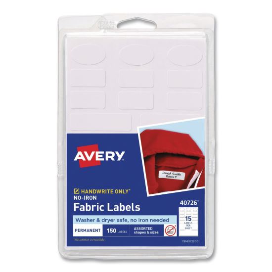 No-Iron Fabric Labels, Handwrite Only, Assorted Shapes and Sizes, White, 15/Sheet, 10 Sheets/Pack1