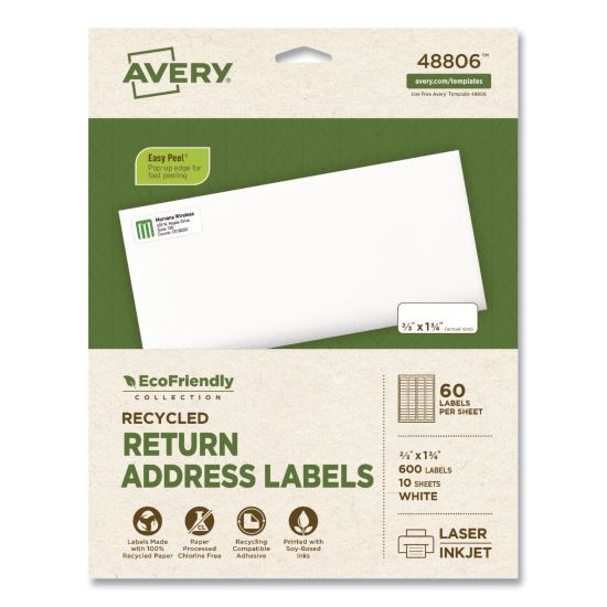 EcoFriendly Recycled Return Address Labels, Inkjet/Laser, 0.66 x 1.75, White, 60/Sheet, 10 Sheets/Pack1