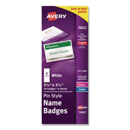 Pin-Style Badge Holder with Laser/Inkjet Insert, Top Load, 3.5 x 2.25, White, 24/Pack1