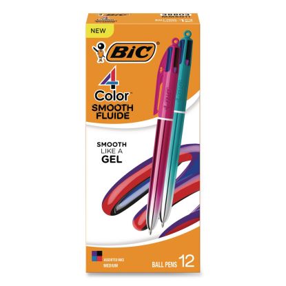 4-Color Smooth Multi-Color Ballpoint Pen, Retractable, Medium 1mm, Black/Blue/Purple/Red Ink, Assorted Barrel Colors, 12/Pack1