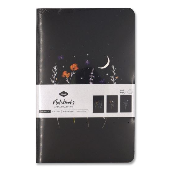 Ameya Collection Layflat Softcover Notebook, (3) Night Sky Floral Artwork Themes, Narrow Rule, (40) 8.25 x 5 Sheets, 3/Pack1