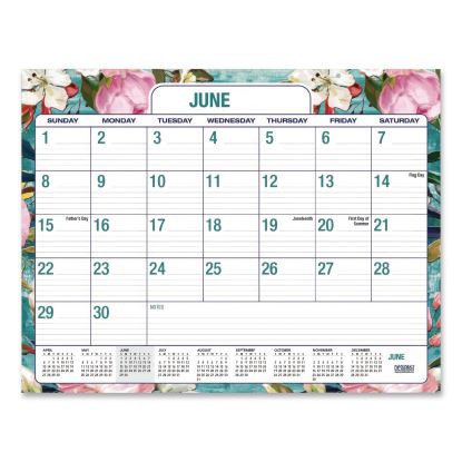 Teal Floral Academic Desk Pad Calendar, 22 x 17, White Sheets, Clear Corners, 14-Month (June to July): 2025 to 20261