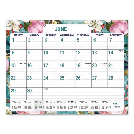 Teal Floral Academic Desk Pad Calendar, 22 x 17, White Sheets, Clear Corners, 14-Month (June to July): 2025 to 20261