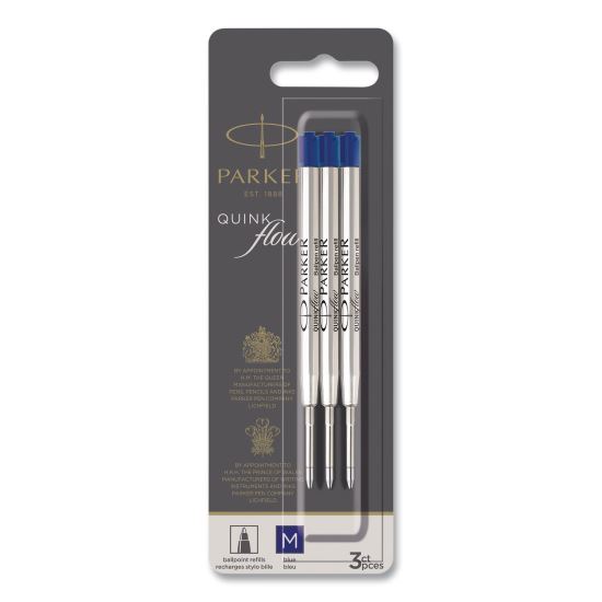 Quinkflow Refill for Parker Ballpoint Pen, Medium Conical Tip, Blue Ink, 3/Pack1