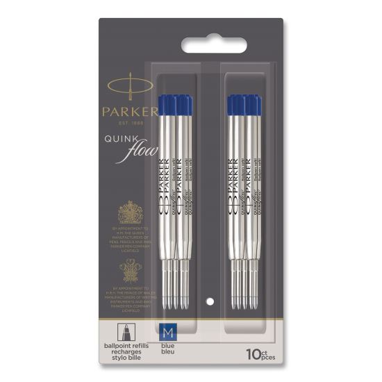 Quinkflow Refill for Parker Ballpoint Pen, Medium Conical Tip, Blue Ink, 10/Pack1