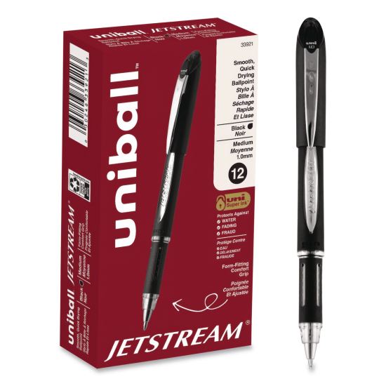 Jetstream Form-Fitting Comfort Grip Hybrid Gel Pen, Stick, Medium 1 mm, Black Ink, Black/Silver Barrel, Dozen1