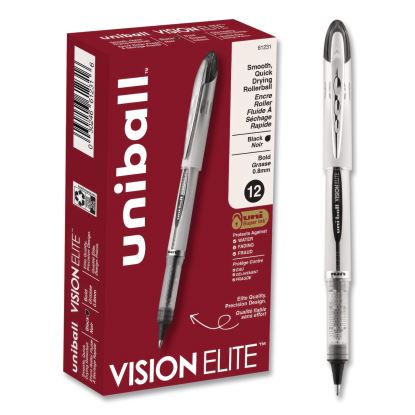 VISION ELITE Rollerball Pen, Stick, Bold 0.8 mm, Black Ink, White/Black/Clear Barrel, Dozen1