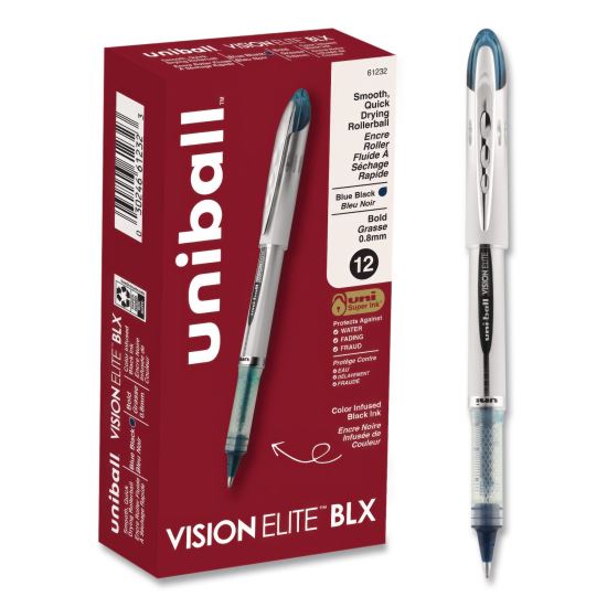 VISION ELITE BLX Series Rollerball Pen, Stick, Bold 0.8 mm, Blue-Infused Black Ink, White/Blue/Clear Barrel, Dozen1