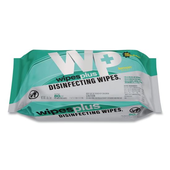 WipesPlus Disinfecting Surface Wipes, 1-Ply, 7 x 8, Lemon, White, 80 Wipes/Refill Pack, 12 Packs/Carton1