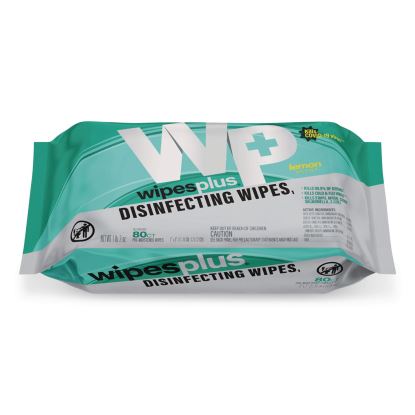 WipesPlus Disinfecting Surface Wipes, 1-Ply, 7 x 8, Lemon Scent, White1
