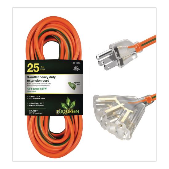12 AWG 3-Outlet Heavy-Duty Extension Cord, 25 ft, 15 A, Orange1