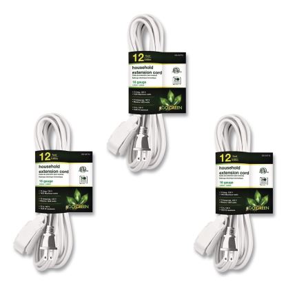 Household Extension Cord, 12 ft, 13 A, White, 3/Pack1