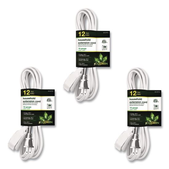 Household Extension Cord, 12 ft, 13 A, White, 3/Pack1