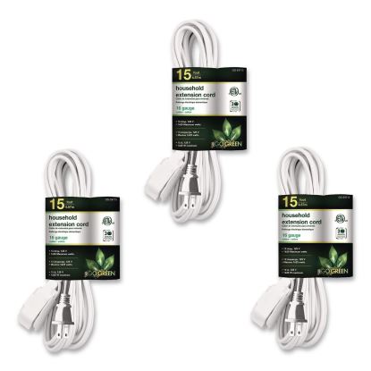 Household Extension Cord, 15 ft, 13 A, White, 3/Pack1