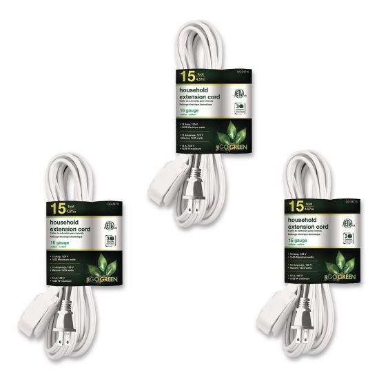 Household Extension Cord, 15 ft, 13 A, White, 3/Pack1