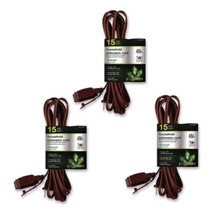 Household Extension Cord, 15 ft, 13 A, Brown, 3/Pack1
