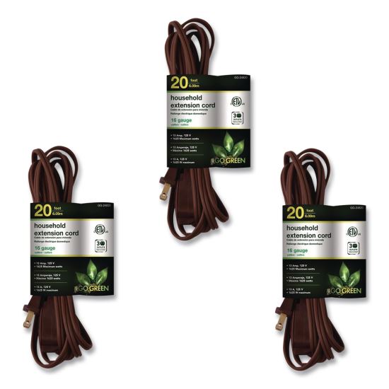 Household Extension Cord, 20 ft, 13 A, Brown, 3/Pack1