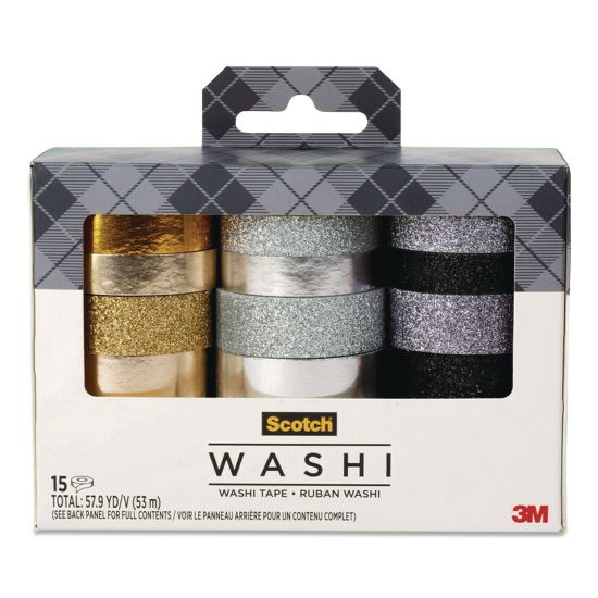 Washi Glitter Metallic Tape, Black/Gold/Silver, Assorted Sizes/Colors/Finishes, 15 Rolls/Pack1