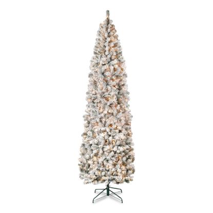 Pre-Lit Acacia Flocked Slim Tree, 35" x 35" x 108", Green Tree, Green Tree Stand1