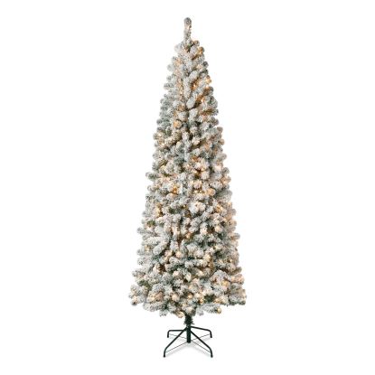 Pre-Lit Acacia Medium Flocked Tree, 34" x 34" x 89", Green Tree, Green Tree Stand1
