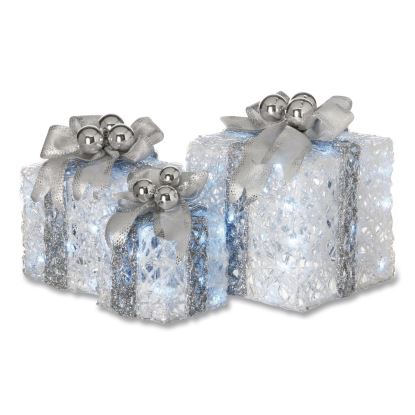 Pre-Lit Decorated White Gift Box Assortment, AC Powered, Cool White LED Lights, 8", 10", 12", White1
