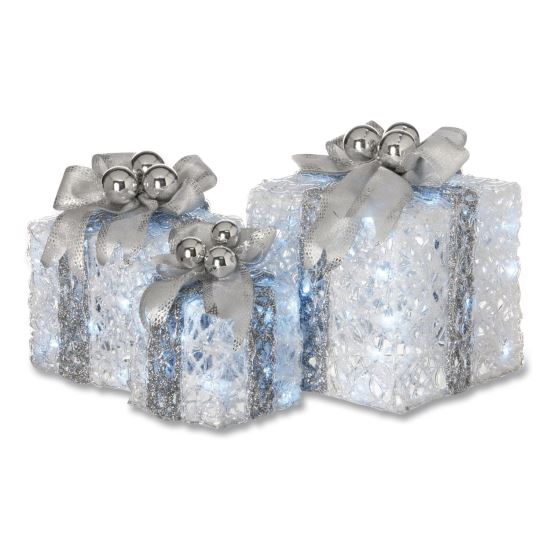 Pre-Lit Decorated White Gift Box Assortment, AC Powered, Cool White LED Lights, 8", 10", 12", White1