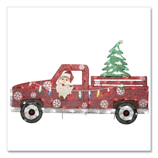 Pre-Lit Santa in Red Truck, AC Powered, Blue/Green/Red/Yellow LED Lights, 11" x 46" x 27", Red1