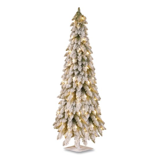 Pre-Lit Snowy Downswept Forest Slim Tree, 19" x 19" x 60", Green Tree, White Square Metal Plate1