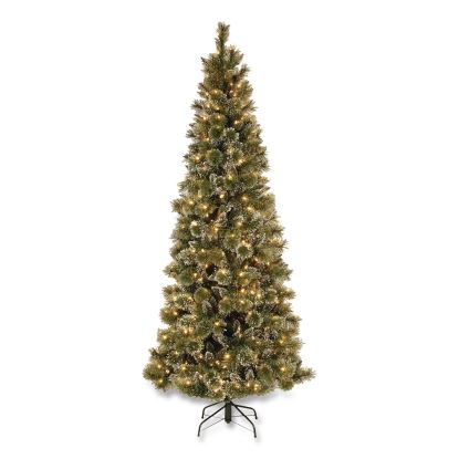 Pre-Lit Glittery Bristle Slim Tree, 42" x 42" x 90", Green Tree, Green Tree Stand1