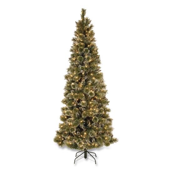 Pre-Lit Glittery Bristle Slim Tree, 42" x 42" x 90", Green Tree, Green Tree Stand1