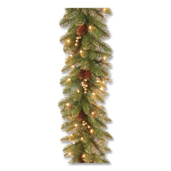 Pre-Lit Glittery Pine Gold Garland, AC Powered, Clear Incandescent Lights, 108" Long, Green1