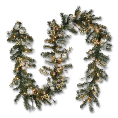 Pre-Lit Glittery Pine Pomegranate Garland, AC Powered, Clear Incandescent Lights, 108" Long, Green1